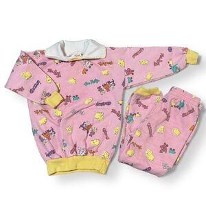 Vintage Healthtex Pink Cartoon Tea Party Print Baby outfit Set Two Piece 4T vtg